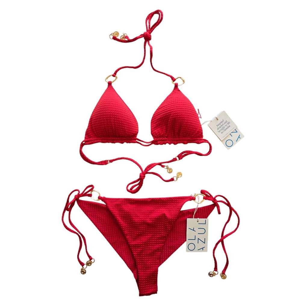 Ola Azul Red Halter Triangle Bikini Top & Tie Bottom Size Medium, Textured, Gold